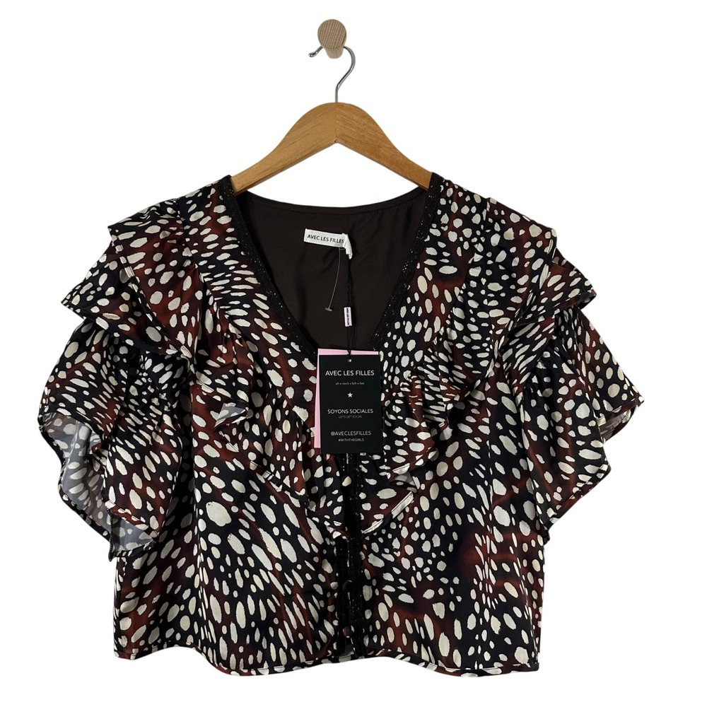 Avec Les Filles Brown Animal Print Ruffle Sleeve V-Neck Blouse Top Size M NWT